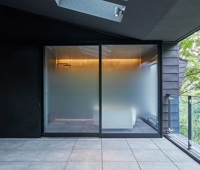 Glass finish to create privacy without disconnecting indoor and outdoor space
