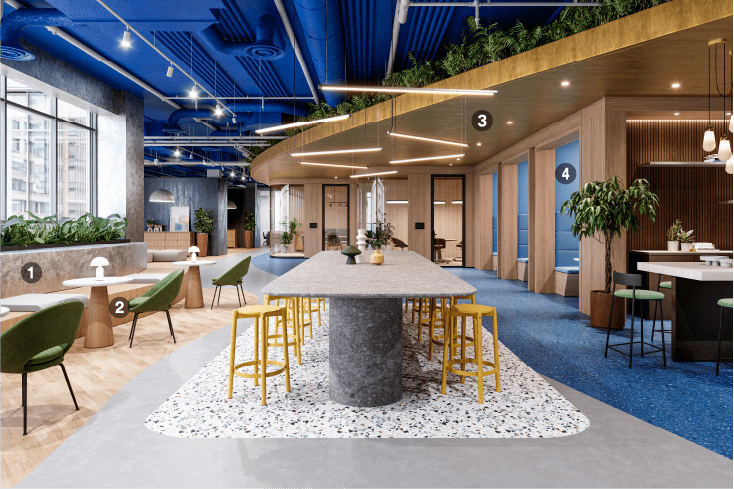 Modern coworking space renovated with bold colors and natural architectural finishes

