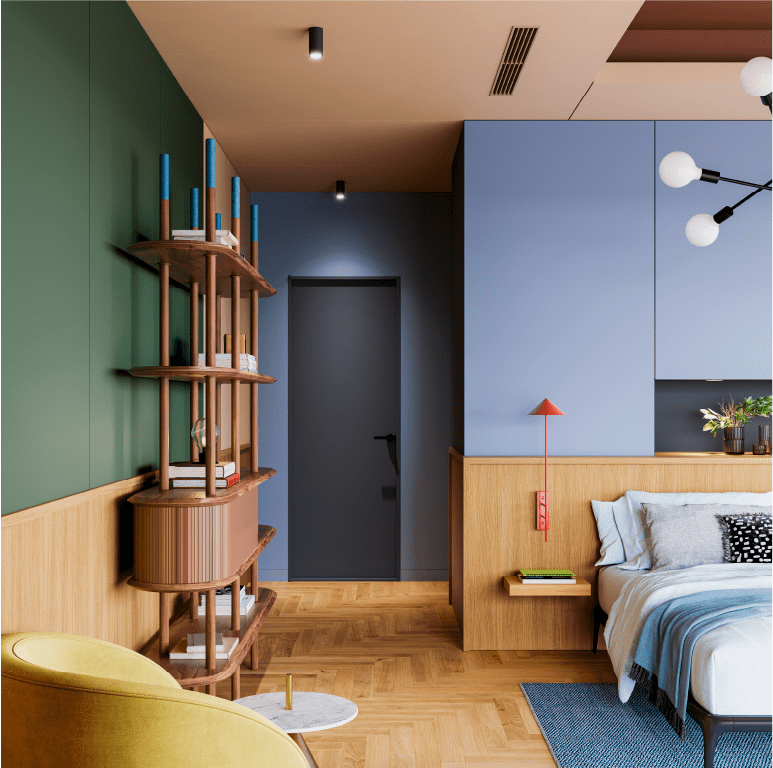 Bold color architectural finishes in bedroom
