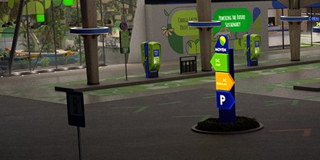 EV chargering station sign overlapped with illuminated signage products.
