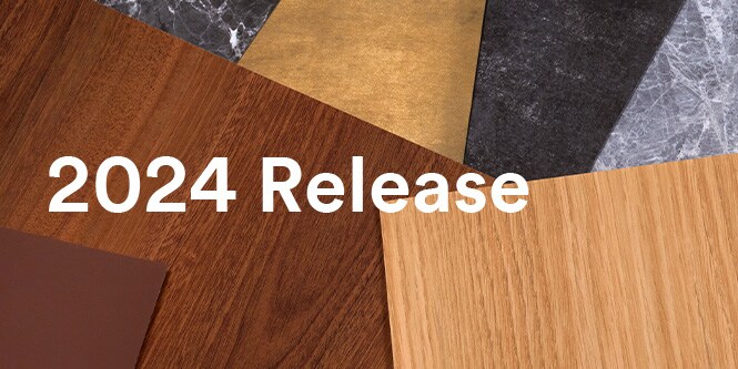 Array of surface finish samples with various wood grains, metallic tones and patterns.
