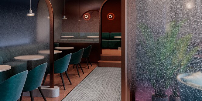 Interior of upscale restaurant dining interior decorated in jewel tones with glass dividers finished with 3M Glass Finish in a gradated dot pattern.
